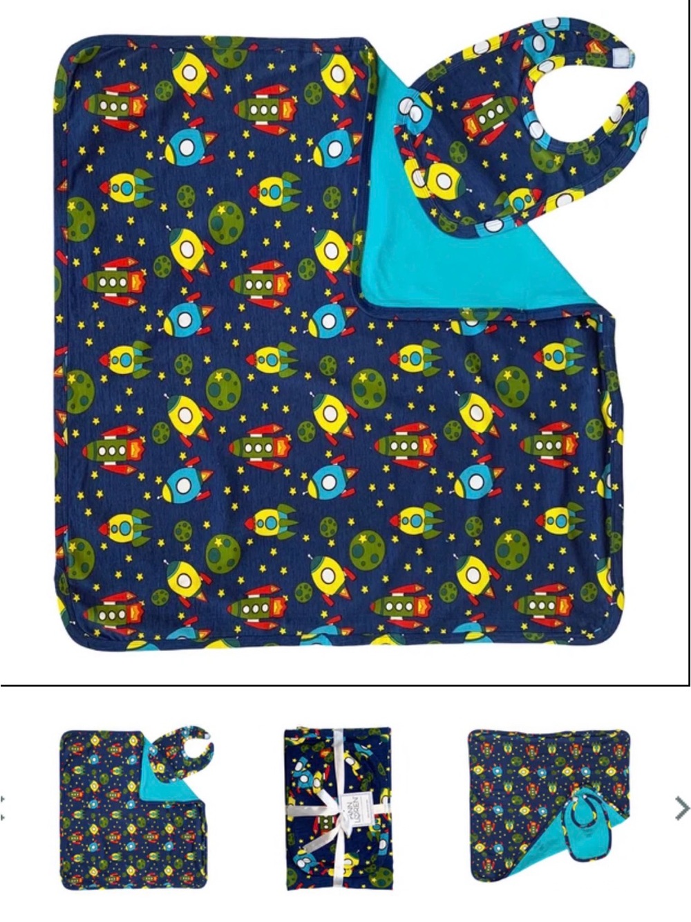 Ann Loren Navy Rocket & Planet Bib and Turquoise-Lined Cloth